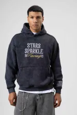 Oversize Nakış Baskılıkapüşonlu Sweatshirt Siyah