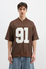 Baskılı Fitilli Oversize Tişört Kahve