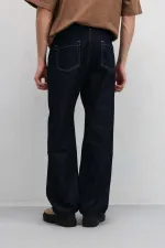 Dikiş Detaylı Relaxed Fit Jean Koyu Mavi
