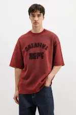 Yıkamalı Yazı Baskılı Oversize Tişört Bordo