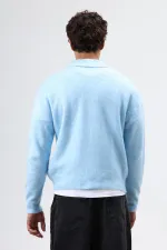 Polo Collar Soft Textured Knit Sweater Baby Blue