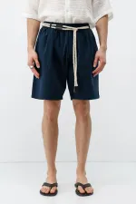 Kemerli Oversize Keten Şort Lacivert