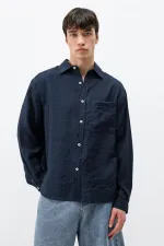 Modal Fabric Oversize Shirt with Pockets, Navy Blue