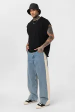 Baggy Fit Jeans with Side Stripes, Light Blue Melange