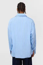 Oversize Çizgili Uzun Kol Gömlek Mavi