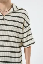 Oversize Çizgili Fermuarlı Yaka Triko Tişört Haki