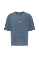 Yıkamalı Arka Baskılı Oversize Tişört İndigo