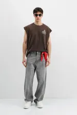 Baskılı Kolsuz Oversize Tişört Kahve