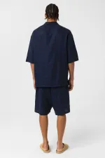 Double Pocket Oversize Linen Shirt Navy Blue