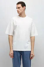 Basic Oversize Bisiklet Yaka Tişört Ekru