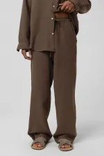 Baggy Fit Müslin Keten Pantolon Kahve