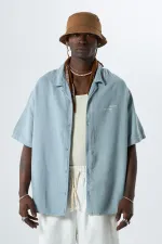 Yıkamalı Oversize Arka Baskılı Kısa Kol Cepsiz Gömlek Açık Gri