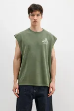 Baskılı Kolsuz Oversize Tişört Haki