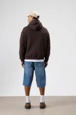 Oversize Baskılı Kapüşonlu Sweatshirt Kahve