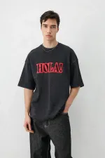 Yıkamalı Baskılı Oversize Tişört Siyah