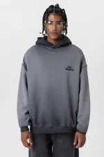 Premium Washed Oversize Hooded Sweatshirt with Text Detail, Black