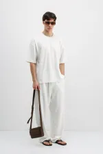 Fitilli Dokulu Oversize Tişört Ekru