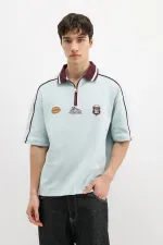 Fermuarlı Yaka Baskılı Oversize Tişört Bebe Mavi