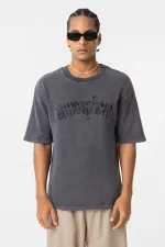 Yıkamalı Oversize Baskılı Tişört Siyah