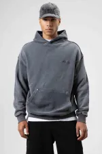 Oversize Washed Print Hooded Sweatshirt Black