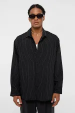 Oversize Çizgili Uzun Kollu Gömlek Siyah