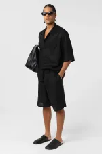 Çift Cepli Oversize Keten Gömlek Siyah