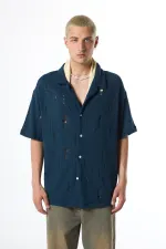 Oversize Deliklı Triko Gömlek Lacivert Oversize Deliklı Triko Gömlek Lacivert