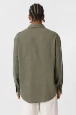 Cep Detaylı Oversize Uzun Kol Gömlek Haki