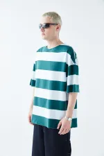 Dijital Baskılı Şeritli %100 Pamuk Oversize Tişört Petrol