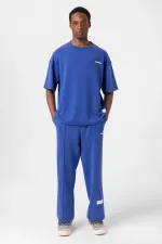 Label Detailed Oversize Modal Fabric Tracksuit Set Navy Blue