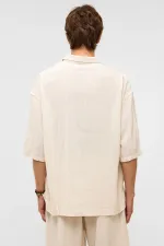 Oversize Çizgili Kısa Kollu Keten Gömlek Beyaz