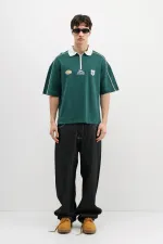 Fermuarlı Yaka Baskılı Oversize Tişört Nefti