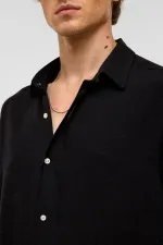 Oversize Uzun Kollu Keten Gömlek Siyah