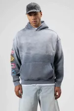 Oversize Baskılı Kapüşonlu Sweatshirt Gri