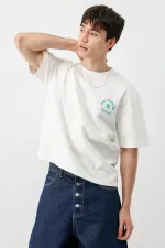 Kısa Kollu Boxy Fit Baskılı Tişört Ekru