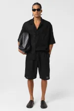 Çift Cepli Oversize Keten Gömlek Siyah