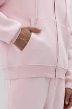 Basic Fermuarlı Oversize Kapüşonlu Sweatshirt Pembe