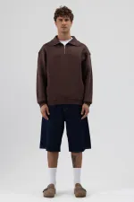 Basic Zip-Up Stand-Up Collar Sweatshirt, Brown