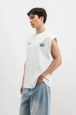 Oversize Baskılı Kolsuz Tişört Beyaz