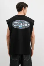 Oversize Baskılı Kolsuz Tişört Siyah