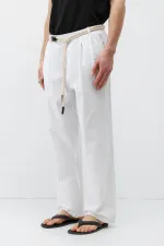 Kemer Detaylı Oversize Keten Pantolon Ekru