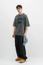 Yıkamalı Yazı Baskılı Oversize Tişört Siyah