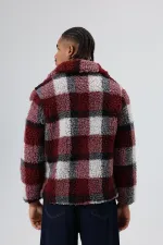 Oversize Peluş Ekose Ceket Bordo