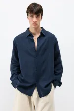 Uzun Kollu Basic Oversize Gömlek Lacivert