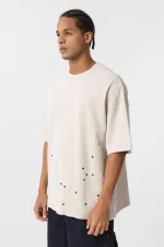 Yıkamalı Metal Detaylı Oversize Tişört Taş