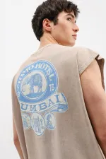 Printed Sleeveless Oversize T-Shirt Beige