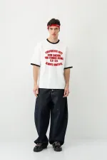 Baskılı Bisiklet Yaka Oversize Tişört Ekru