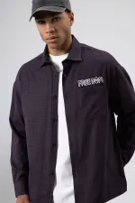 Oversize Baskılı Günlük Kareli Gömlek Bordo