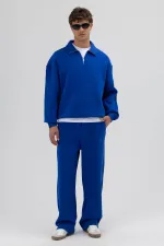 Oversize Fermuarlı Dik Yaka Sweatshirt Saks