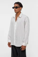 Oversize Çizgili Uzun Kollu Gömlek Beyaz